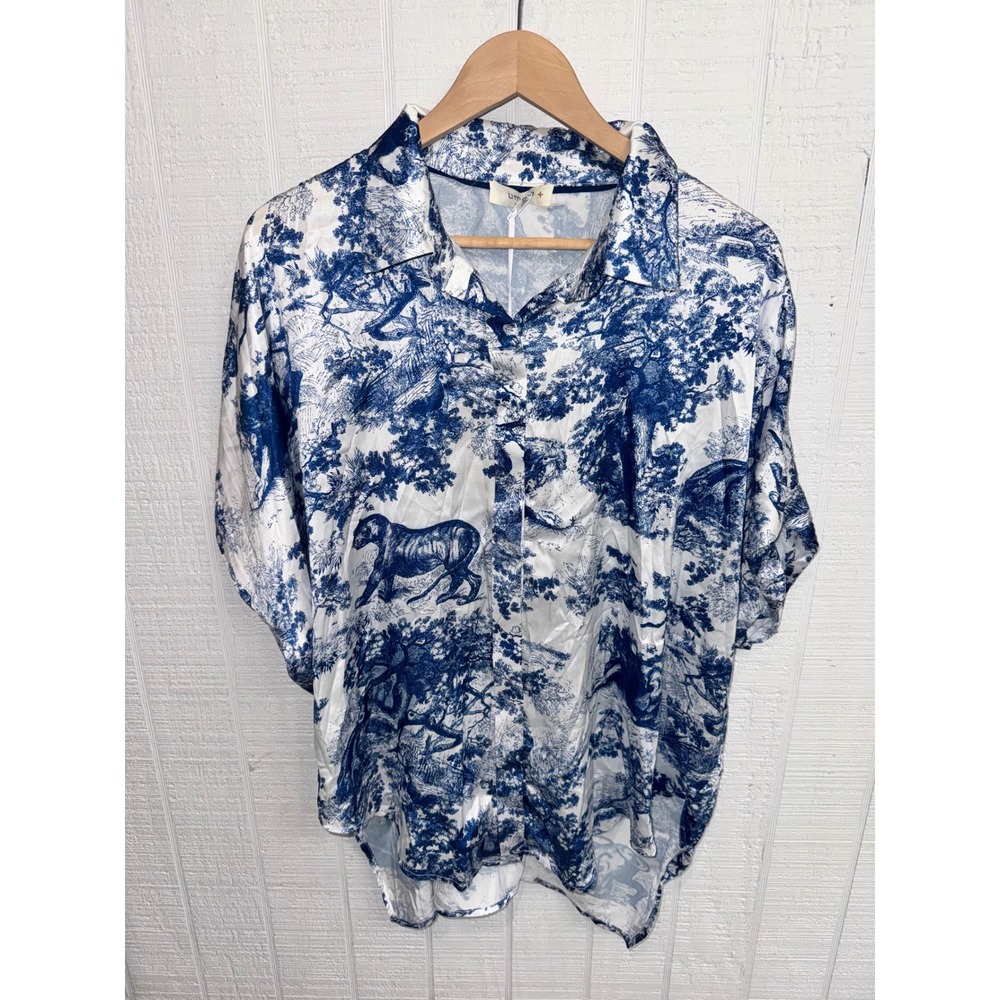 Umgee Button Up Blouse Womens Blue White Toile Jungle Tiger Print Oversized XL